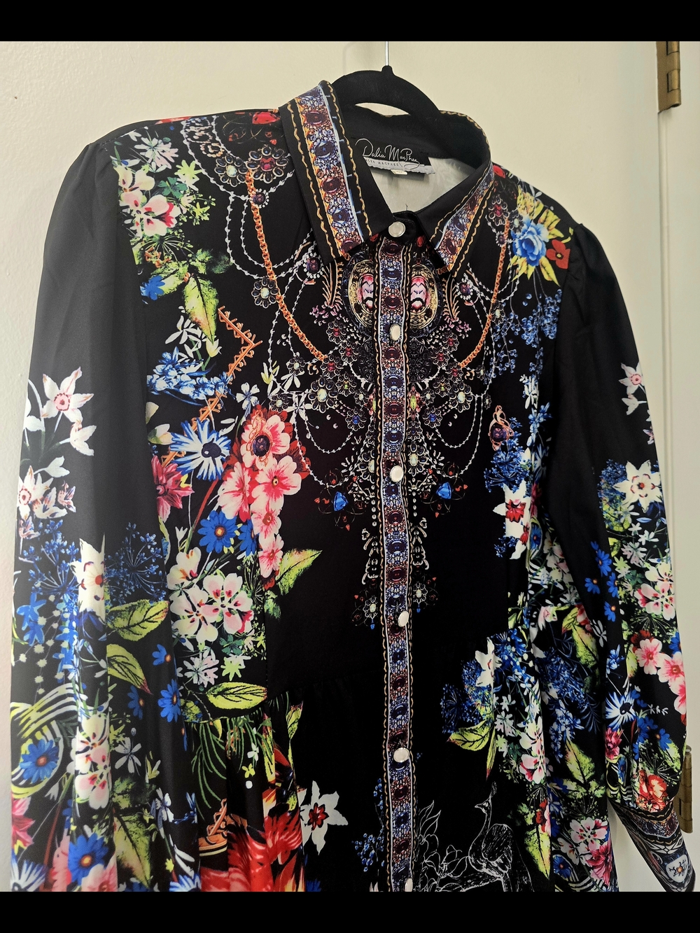 Delia McFee Black Floral Button Down Long Sleeve Minidress-Large CHIC! - Picture 10 of 16